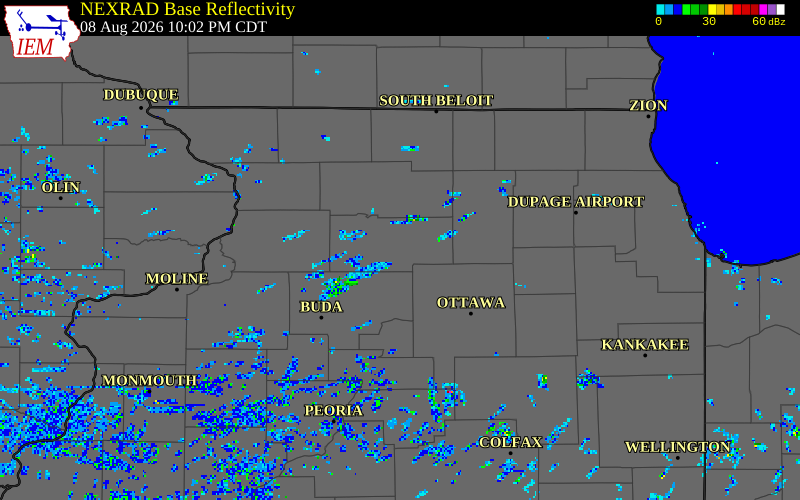 NEXRAD radar during the Saturday, August 8, 2026 storm activity in Lee County, Illinois