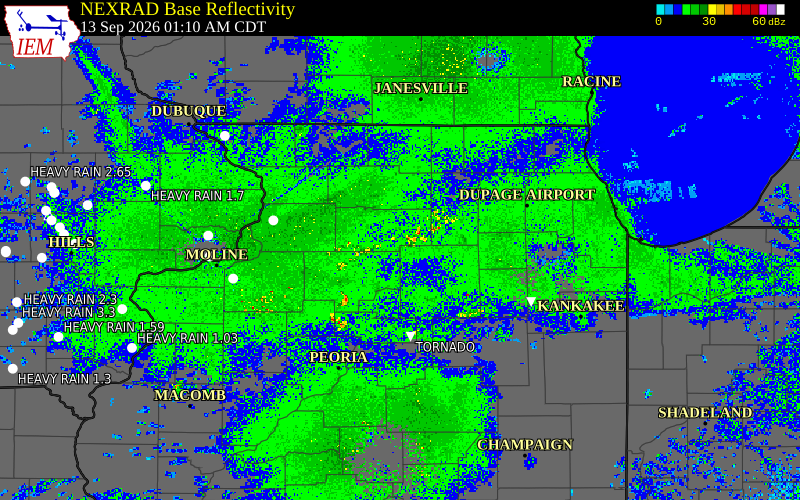 Current NEXRAD radar over Lee County, Illinois with recent storm report locations