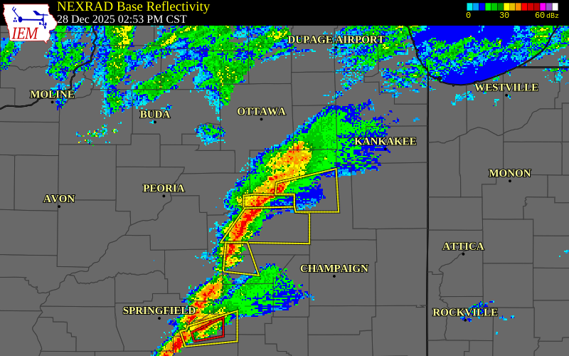 NEXRAD radar during the Sunday, December 28, 2025 storm activity in Livingston County, Illinois