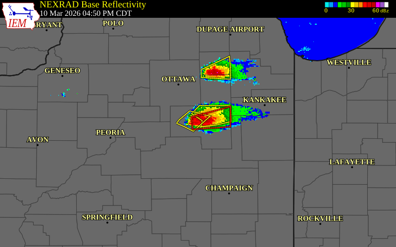 NEXRAD radar during the Tuesday, March 10, 2026 storm activity in Livingston County, Illinois