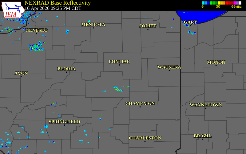 NEXRAD radar during the Thursday, April 16, 2026 storm activity in Livingston County, Illinois
