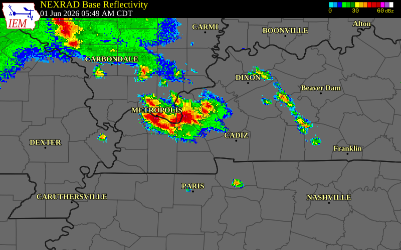 NEXRAD radar during the Monday, June 1, 2026 storm activity in Livingston County, Illinois