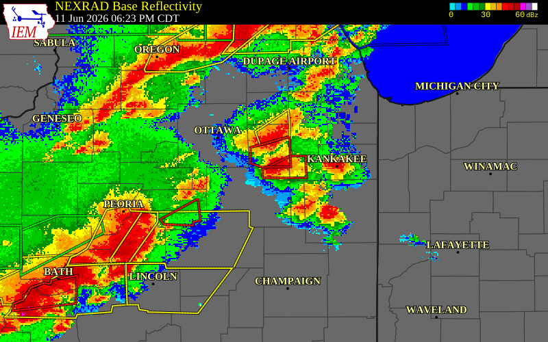 NEXRAD radar during the Thursday, June 11, 2026 storm activity in Livingston County, Illinois