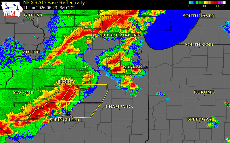 Radar snapshot during the Jun 11, 2026 tornado event near 2 ESE Dwight, Livingston County, Illinois, with NWS warning polygons