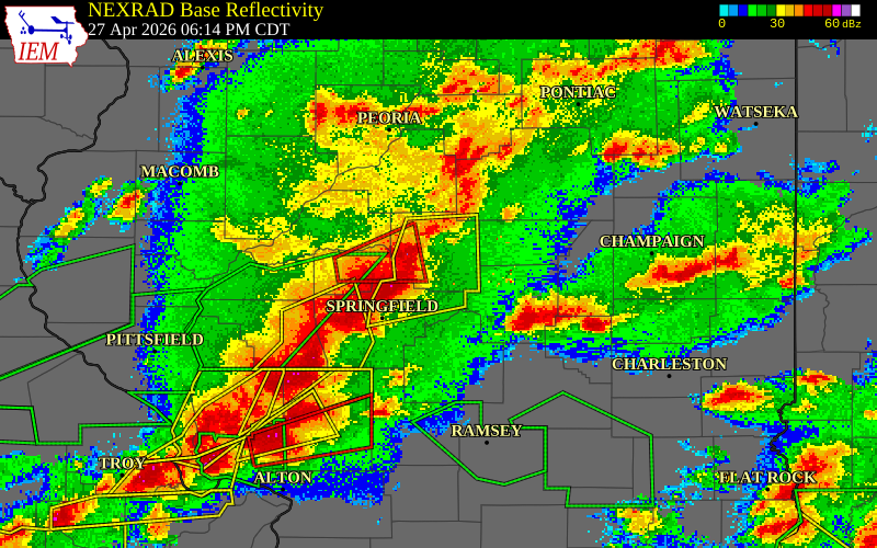 NEXRAD radar during the Monday, April 27, 2026 storm activity in Logan County, Illinois