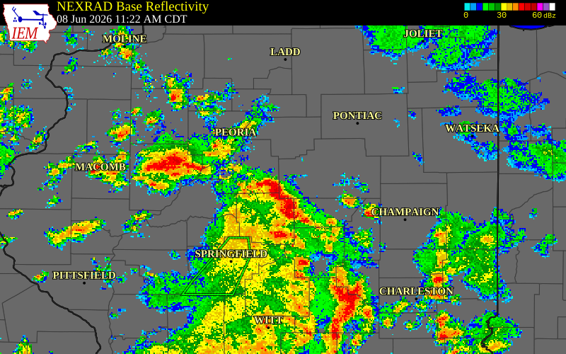 NEXRAD radar during the Monday, June 8, 2026 storm activity in Logan County, Illinois