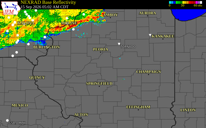 Current NEXRAD radar over Logan County, Illinois with recent storm report locations