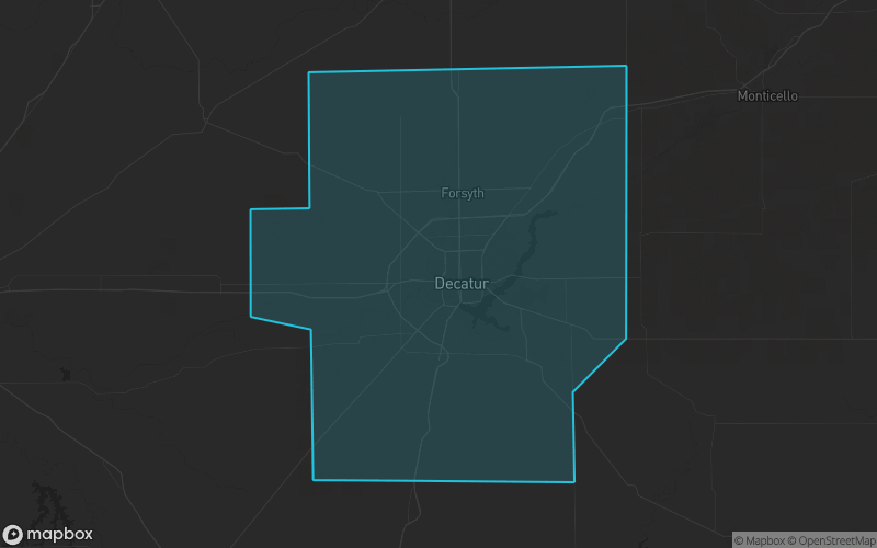Map of Macon County, Illinois showing the county boundary and surrounding cities