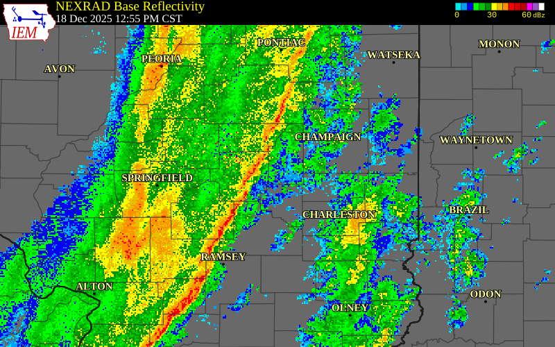 NEXRAD radar during the Thursday, December 18, 2025 storm activity in Macon County, Illinois