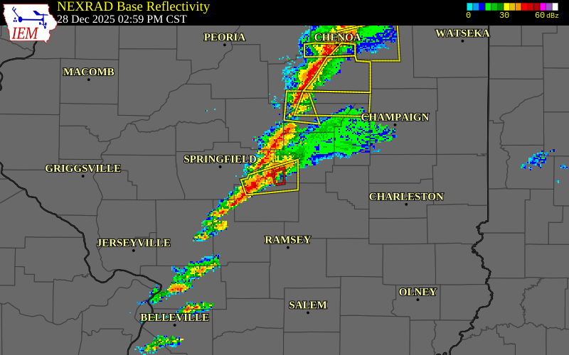 NEXRAD radar during the Sunday, December 28, 2025 storm activity in Macon County, Illinois