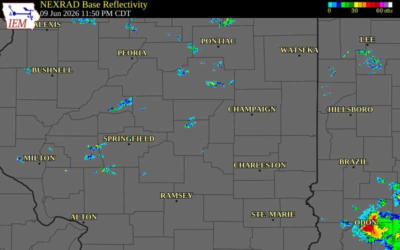 NEXRAD radar during the Tuesday, June 9, 2026 storm activity in Macon County, Illinois