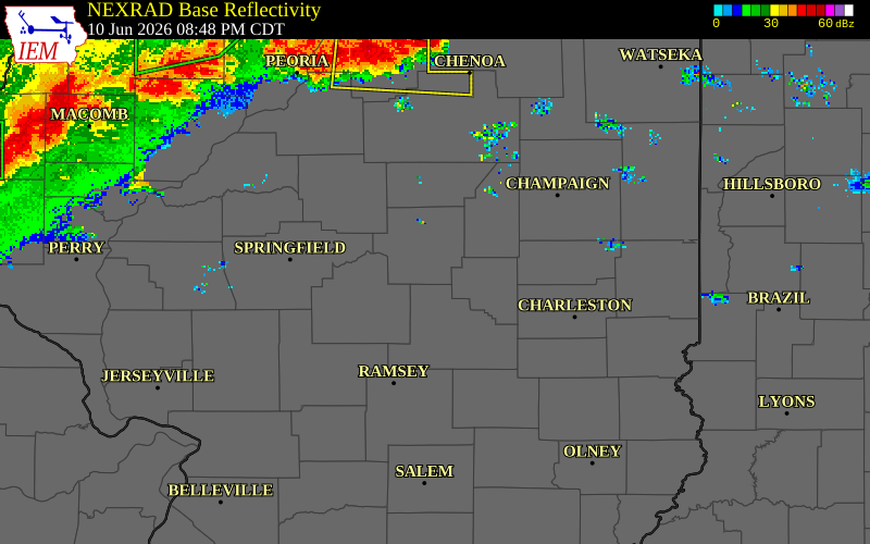 NEXRAD radar during the Wednesday, June 10, 2026 storm activity in Macon County, Illinois