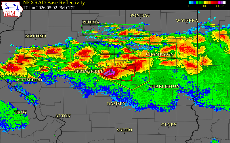 NEXRAD radar during the Wednesday, June 17, 2026 storm activity in Macon County, Illinois
