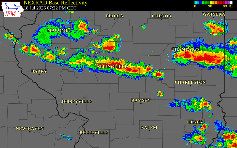 NEXRAD radar during the Saturday, July 18, 2026 storm activity in Macon County, Illinois