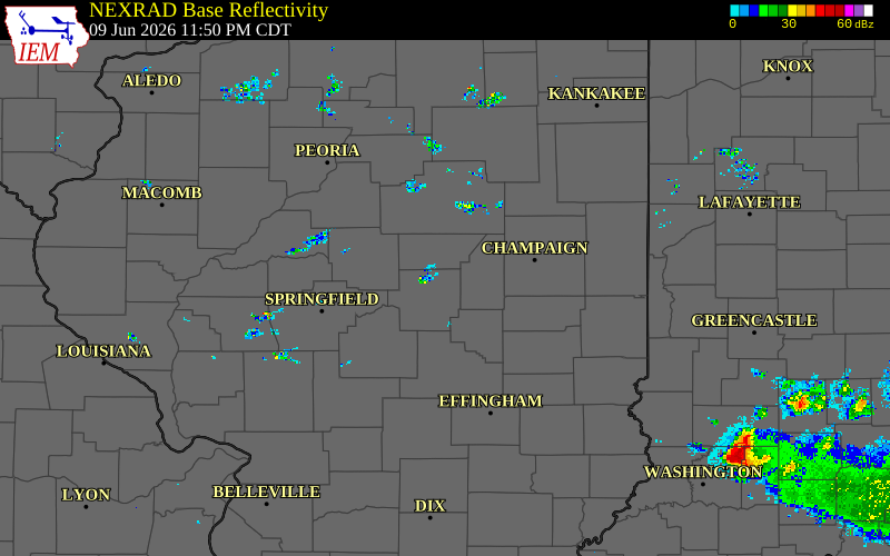Radar snapshot during the Jun 9, 2026 tornado event near 2 WNW Argenta, Macon County, Illinois, with NWS warning polygons