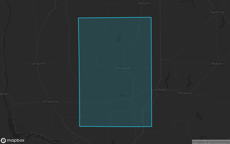 Map of Macoupin County, Illinois showing the county boundary and surrounding cities