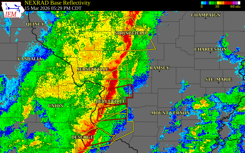 NEXRAD radar during the Sunday, March 15, 2026 storm activity in Macoupin County, Illinois