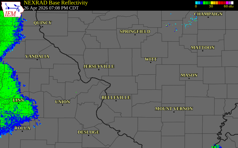 NEXRAD radar during the Sunday, April 26, 2026 storm activity in Macoupin County, Illinois