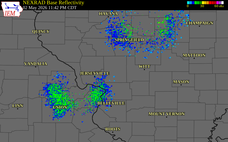 NEXRAD radar during the Saturday, May 2, 2026 storm activity in Macoupin County, Illinois