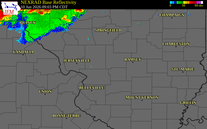 NEXRAD radar during the Wednesday, June 10, 2026 storm activity in Macoupin County, Illinois