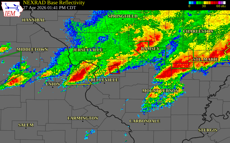 NEXRAD radar during the Monday, April 27, 2026 storm activity in Madison County, Illinois