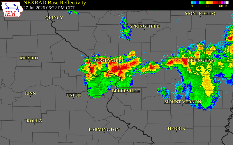 NEXRAD radar during the Monday, July 27, 2026 storm activity in Madison County, Illinois