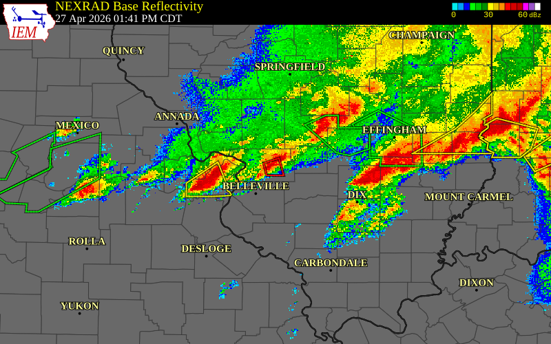 Radar snapshot during the Apr 27, 2026 tornado event near 2 SSW Marine, Madison County, Illinois, with NWS warning polygons