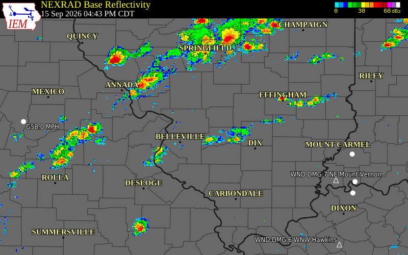 Current NEXRAD radar over Madison County, Illinois with recent storm report locations
