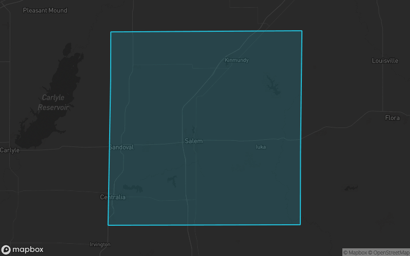 Map of Marion County, Illinois showing the county boundary and surrounding cities