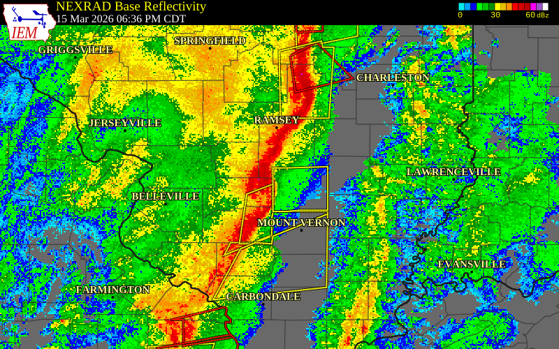 NEXRAD radar during the Sunday, March 15, 2026 storm activity in Marion County, Illinois