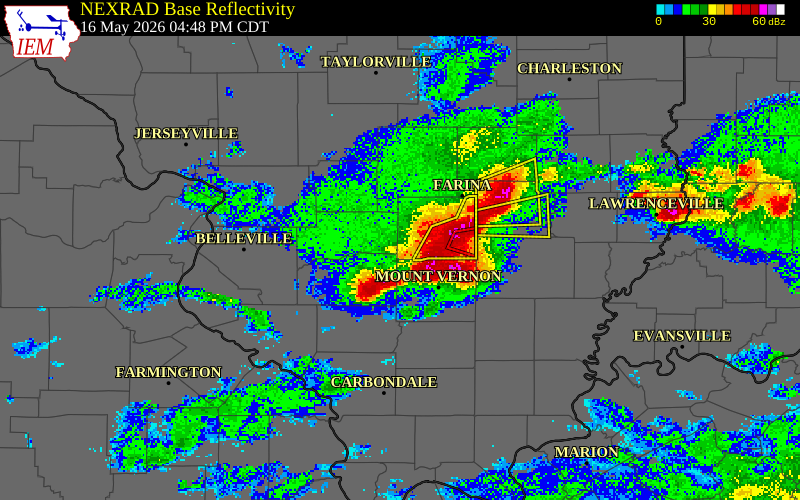 NEXRAD radar during the Saturday, May 16, 2026 storm activity in Marion County, Illinois