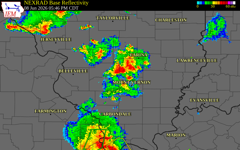 NEXRAD radar during the Monday, June 8, 2026 storm activity in Marion County, Illinois