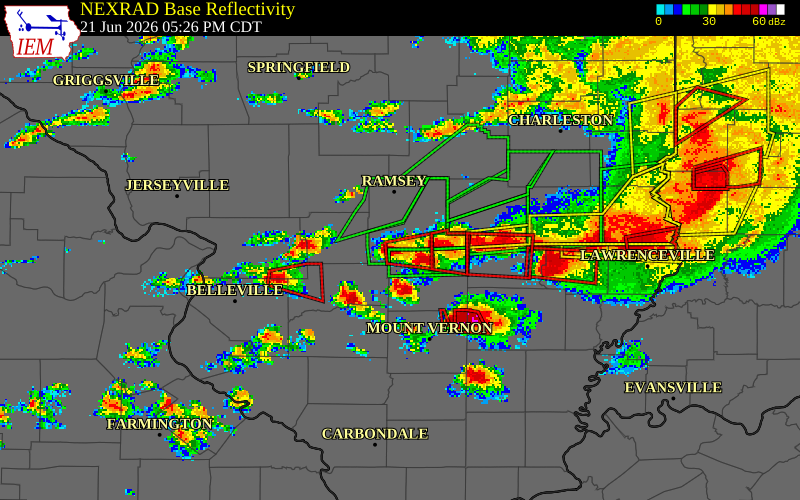NEXRAD radar during the Sunday, June 21, 2026 storm activity in Marion County, Illinois