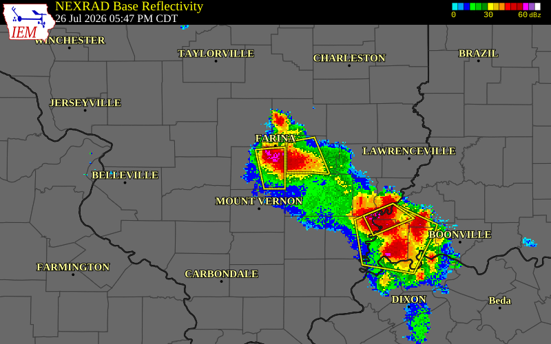 NEXRAD radar during the Sunday, July 26, 2026 storm activity in Marion County, Illinois