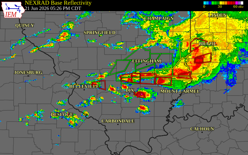 Radar snapshot during the Jun 21, 2026 tornado event near 2 NNE Vernon, Marion County, Illinois, with NWS warning polygons