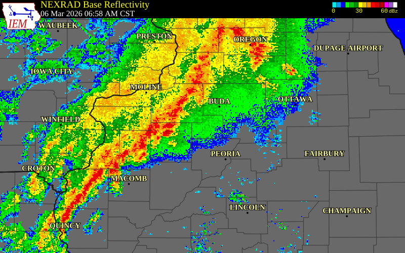 NEXRAD radar during the Friday, March 6, 2026 storm activity in Marshall County, Illinois