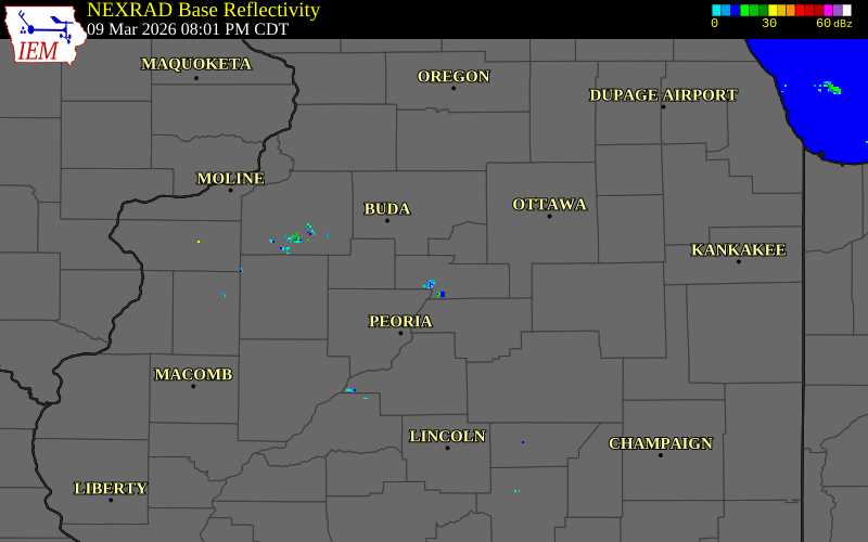 NEXRAD radar during the Monday, March 9, 2026 storm activity in Marshall County, Illinois