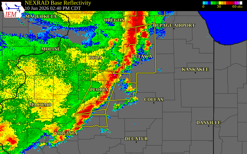 NEXRAD radar during the Wednesday, June 10, 2026 storm activity in Marshall County, Illinois