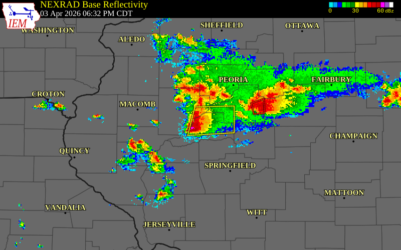 NEXRAD radar during the Friday, April 3, 2026 storm activity in Mason County, Illinois