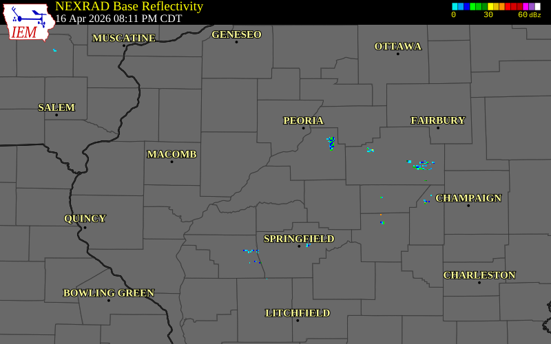 NEXRAD radar during the Thursday, April 16, 2026 storm activity in Mason County, Illinois