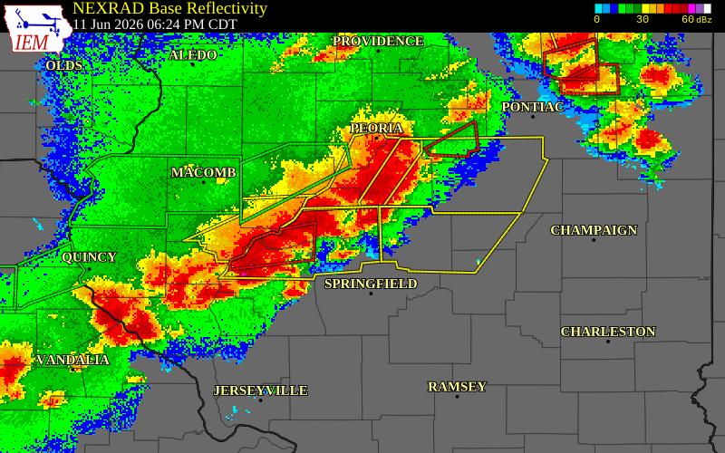 NEXRAD radar during the Thursday, June 11, 2026 storm activity in Mason County, Illinois
