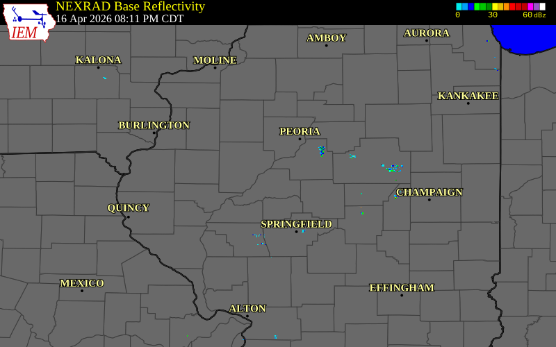Radar snapshot during the Apr 16, 2026 tornado event near 1 NNW Forest City, Mason County, Illinois, with NWS warning polygons