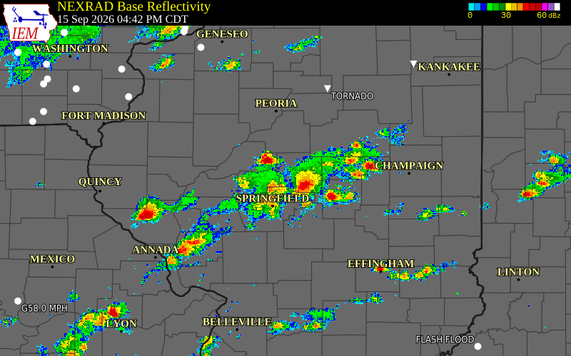 Current NEXRAD radar over Mason County, Illinois with recent storm report locations