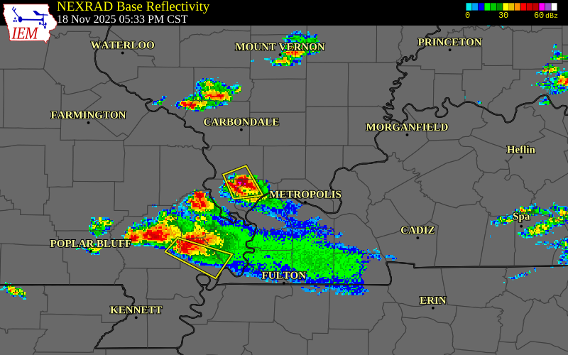 NEXRAD radar during the Tuesday, November 18, 2025 storm activity in Massac County, Illinois