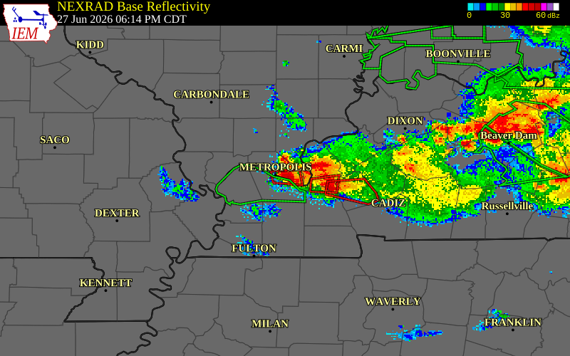 NEXRAD radar during the Saturday, June 27, 2026 storm activity in Massac County, Illinois
