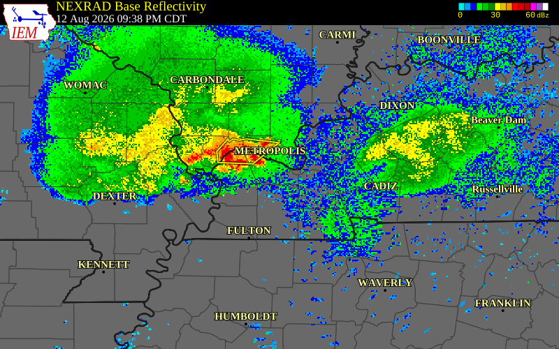 NEXRAD radar during the Wednesday, August 12, 2026 storm activity in Massac County, Illinois