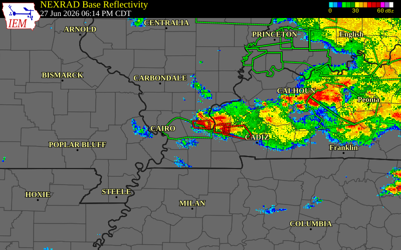 Radar snapshot during the Jun 27, 2026 tornado event near 1 NW Brookport, Massac County, Illinois, with NWS warning polygons