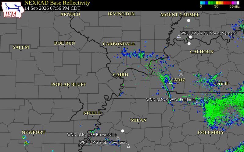 Current NEXRAD radar over Massac County, Illinois with recent storm report locations