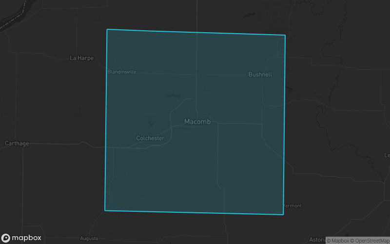 Map of McDonough County, Illinois showing the county boundary and surrounding cities