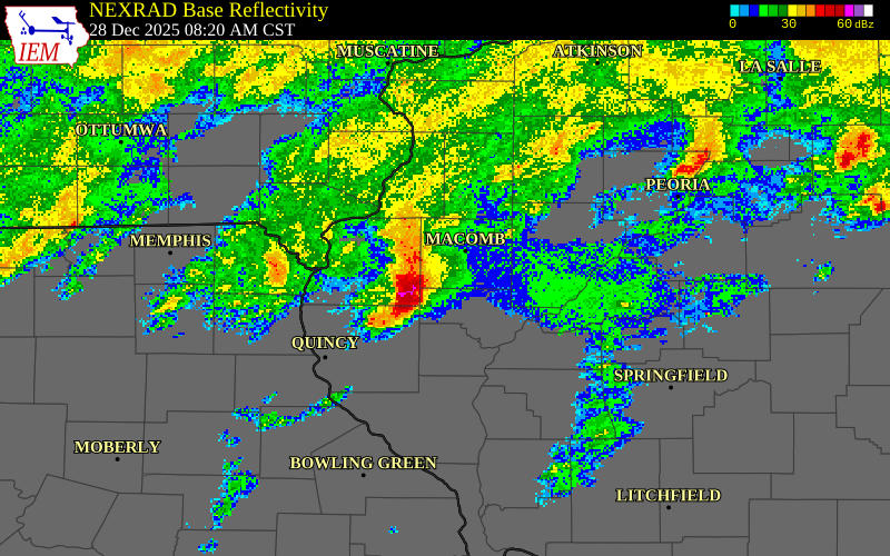 NEXRAD radar during the Sunday, December 28, 2025 storm activity in McDonough County, Illinois